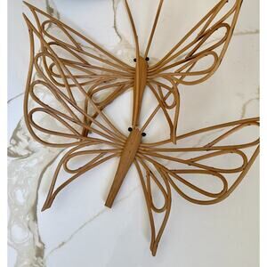 Vintage Set Of 2 Rattan Wicker Butterfly MCM Wall Decor Hong Kong 13x10” Boho